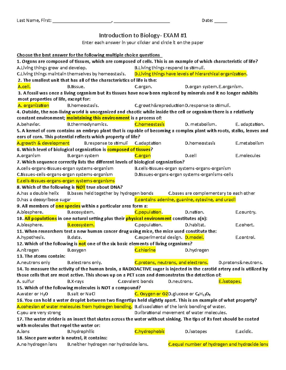 Biology exam 3 answer key