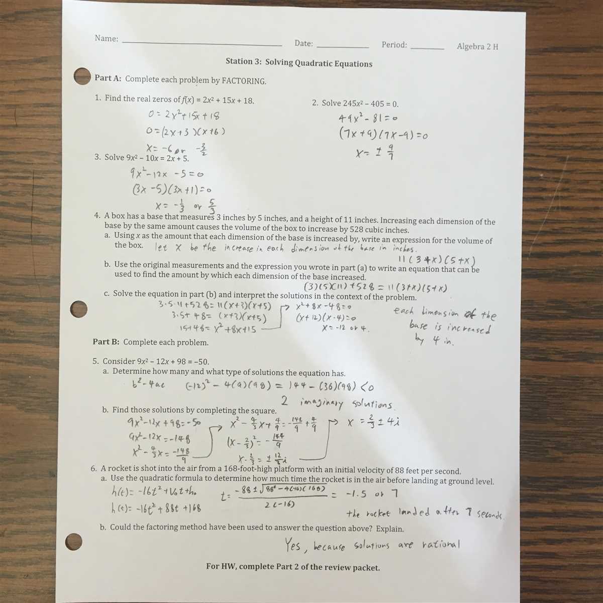 Algebra 1 unit 7 test answer key