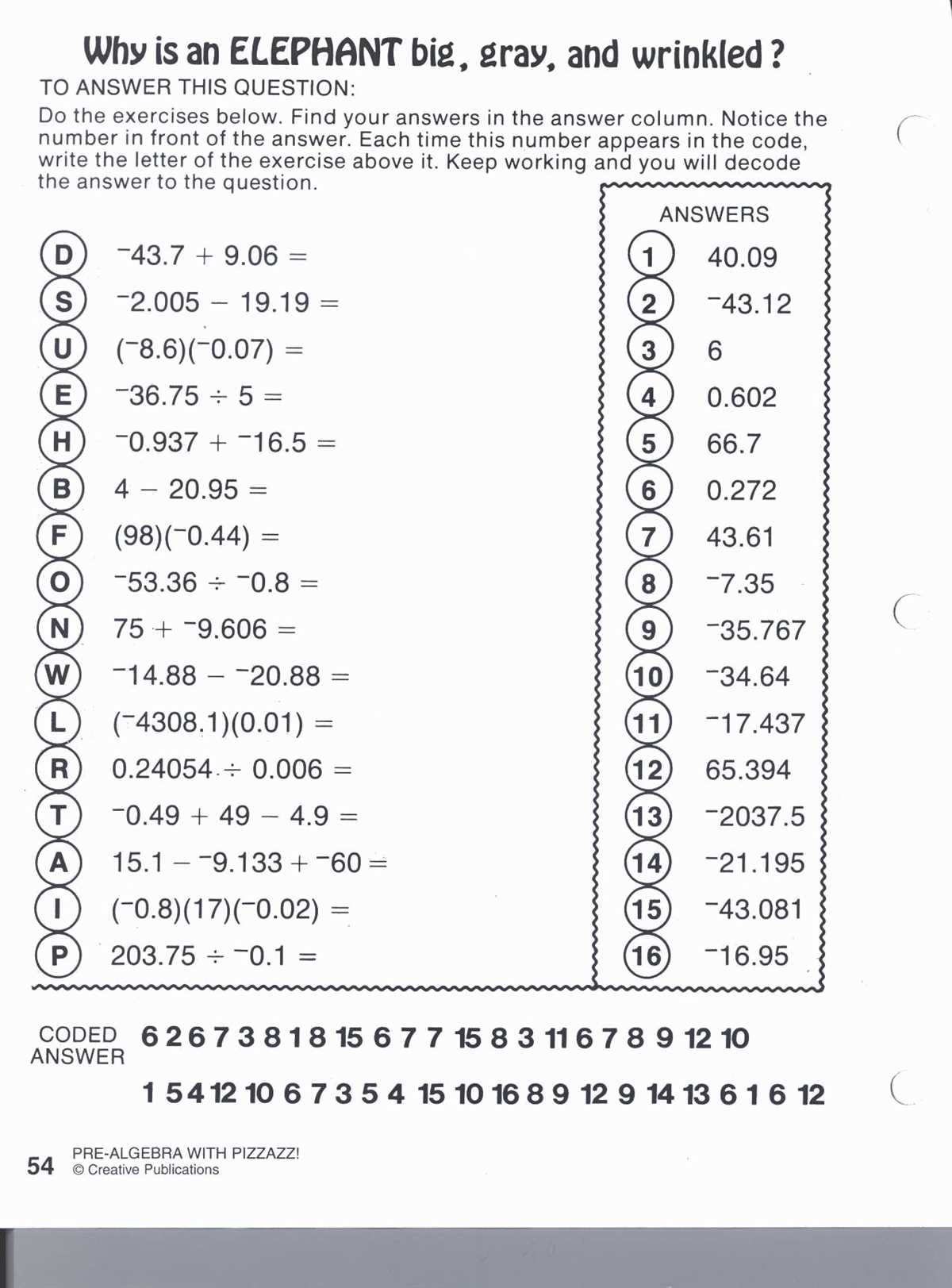 Algebra with pizzazz answer key