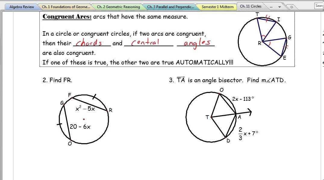 Arcs and Chords Answer Key