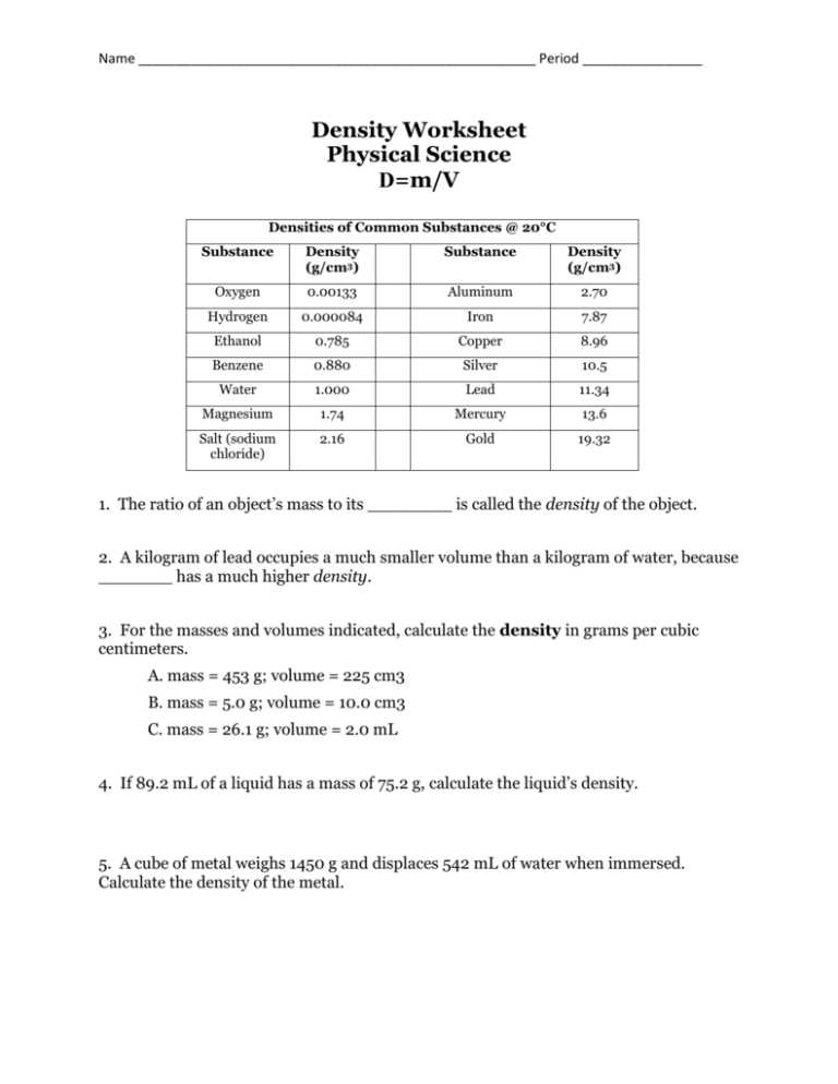 Density worksheet 2 answer key