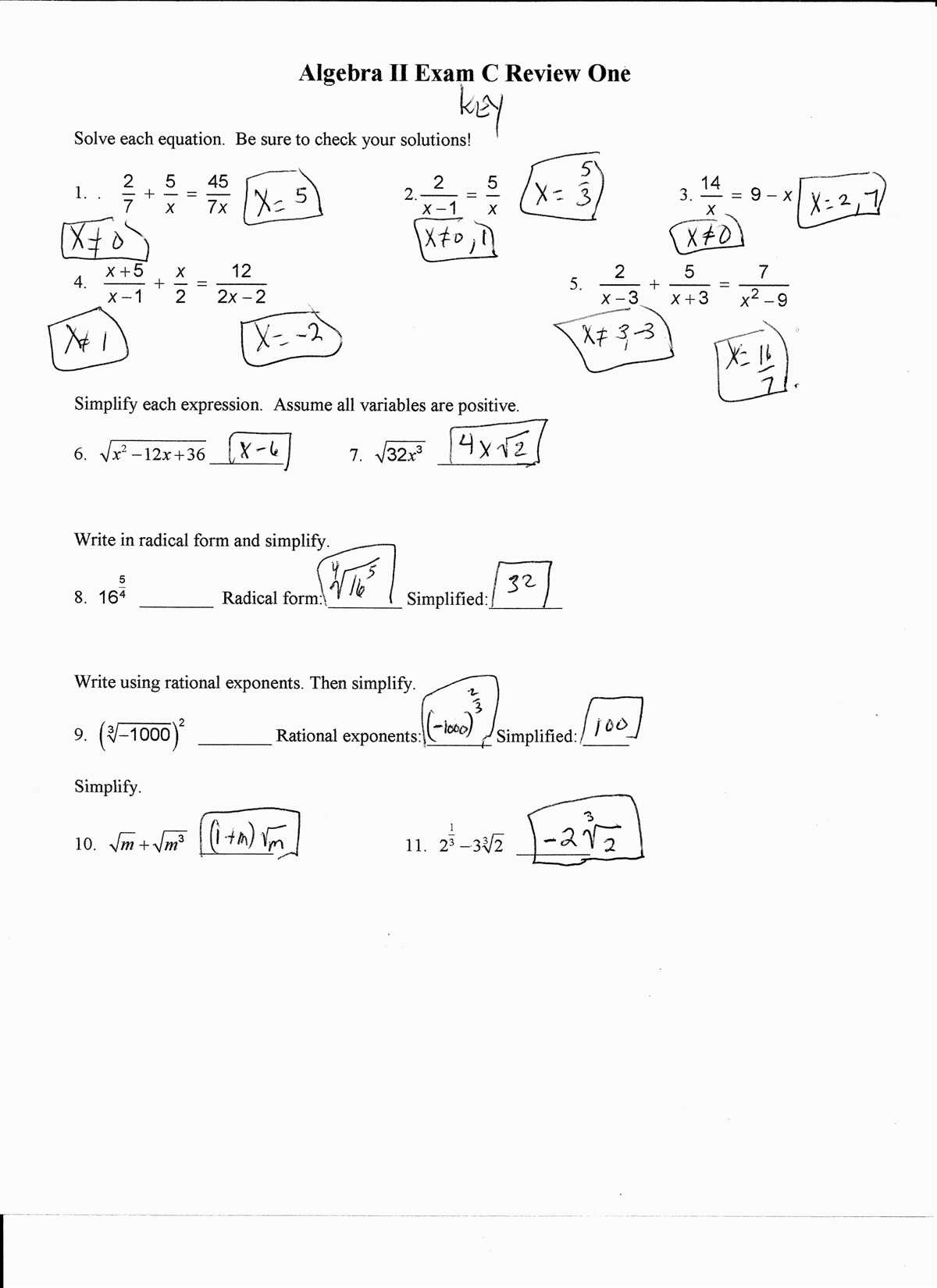 Algebra 2 semester 1 final exam review answer key