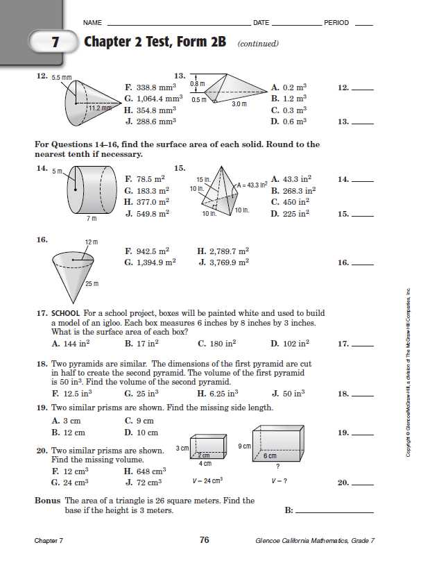 Glencoe geometry chapter 7 test form 2b answer key