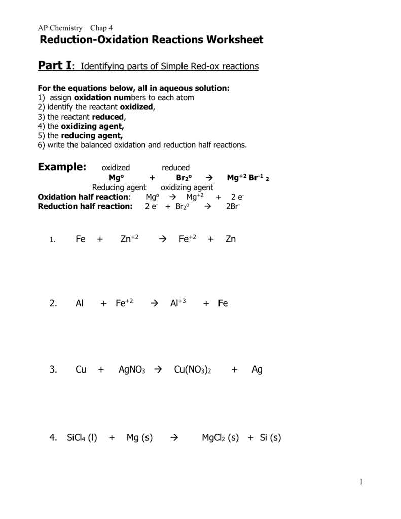 Redox reactions worksheet answer key