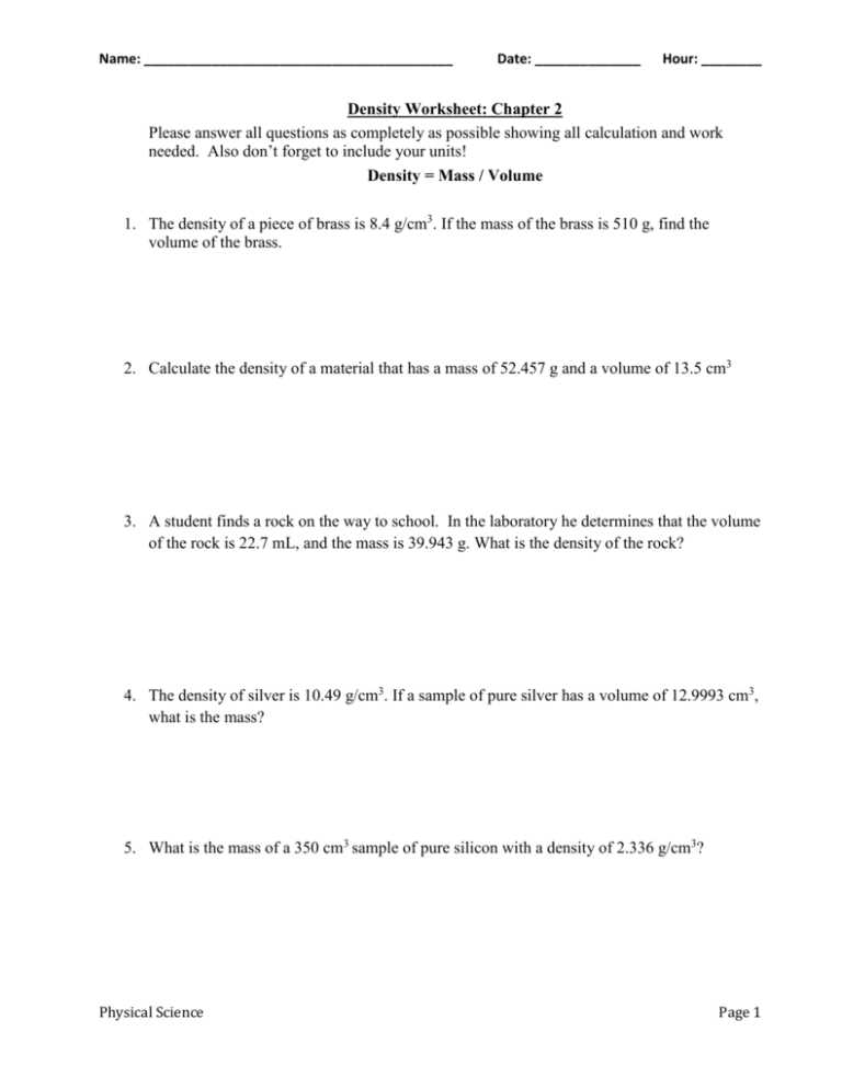 Density Worksheet 2 Answer Key