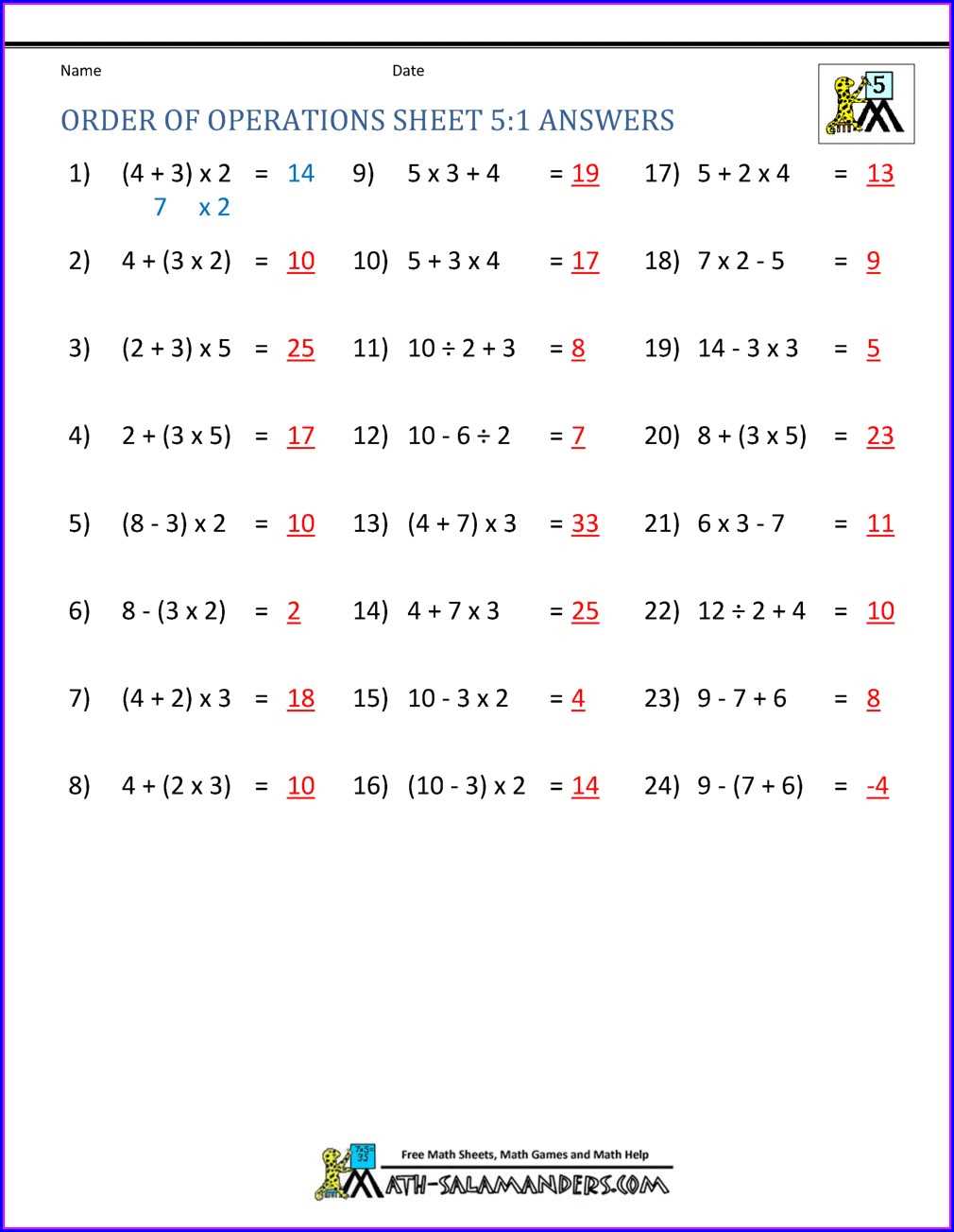 1-2 order of operations answer key