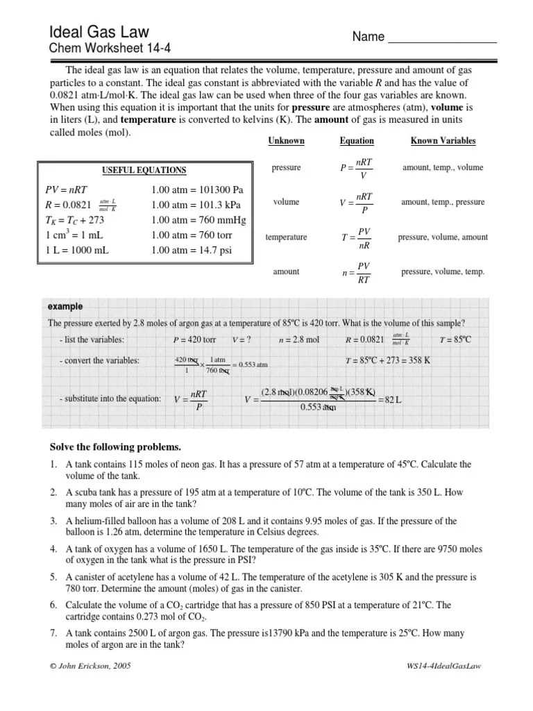 Mixed gas law problems answer key