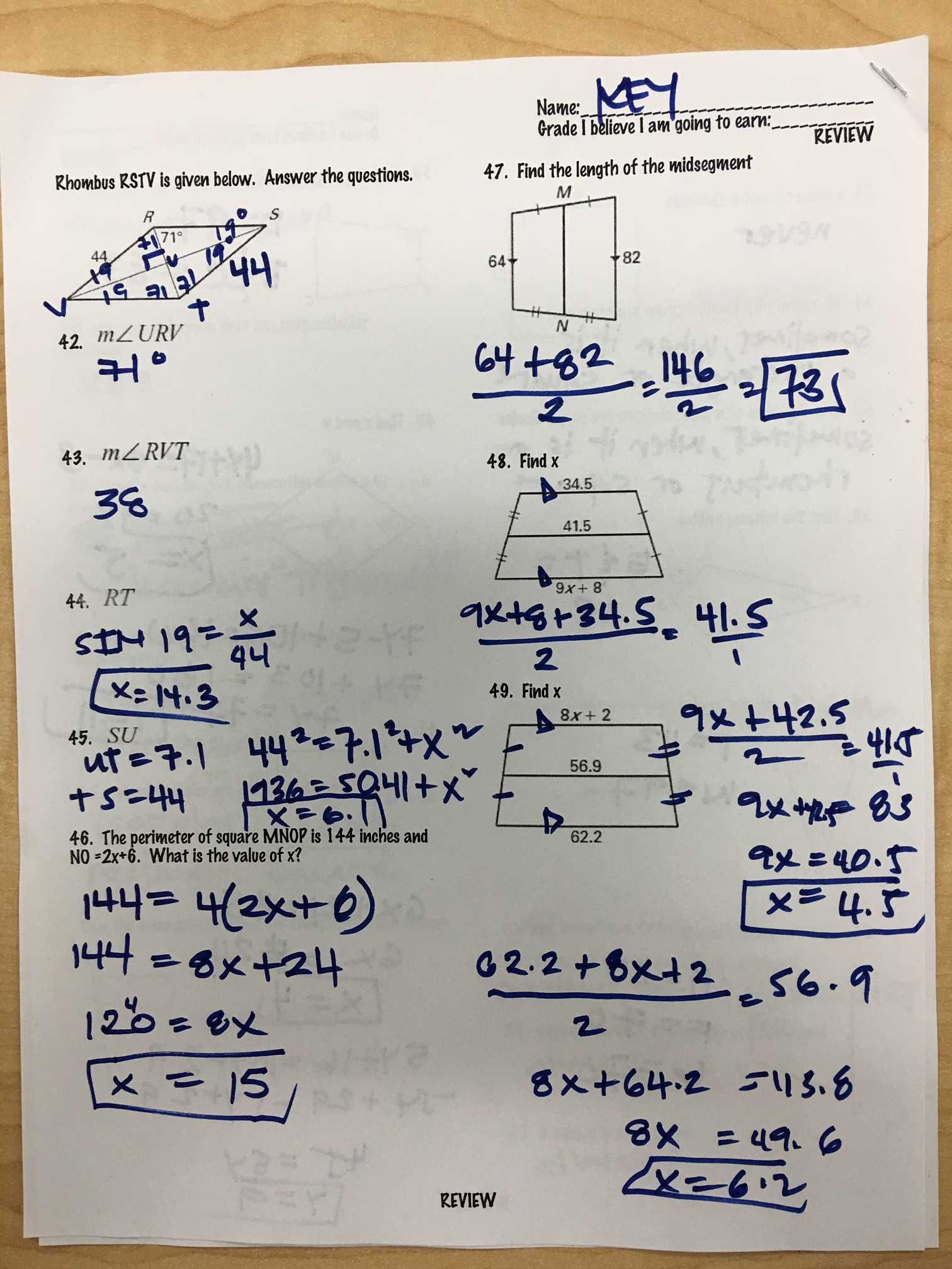 6-3 tests for parallelograms answer key