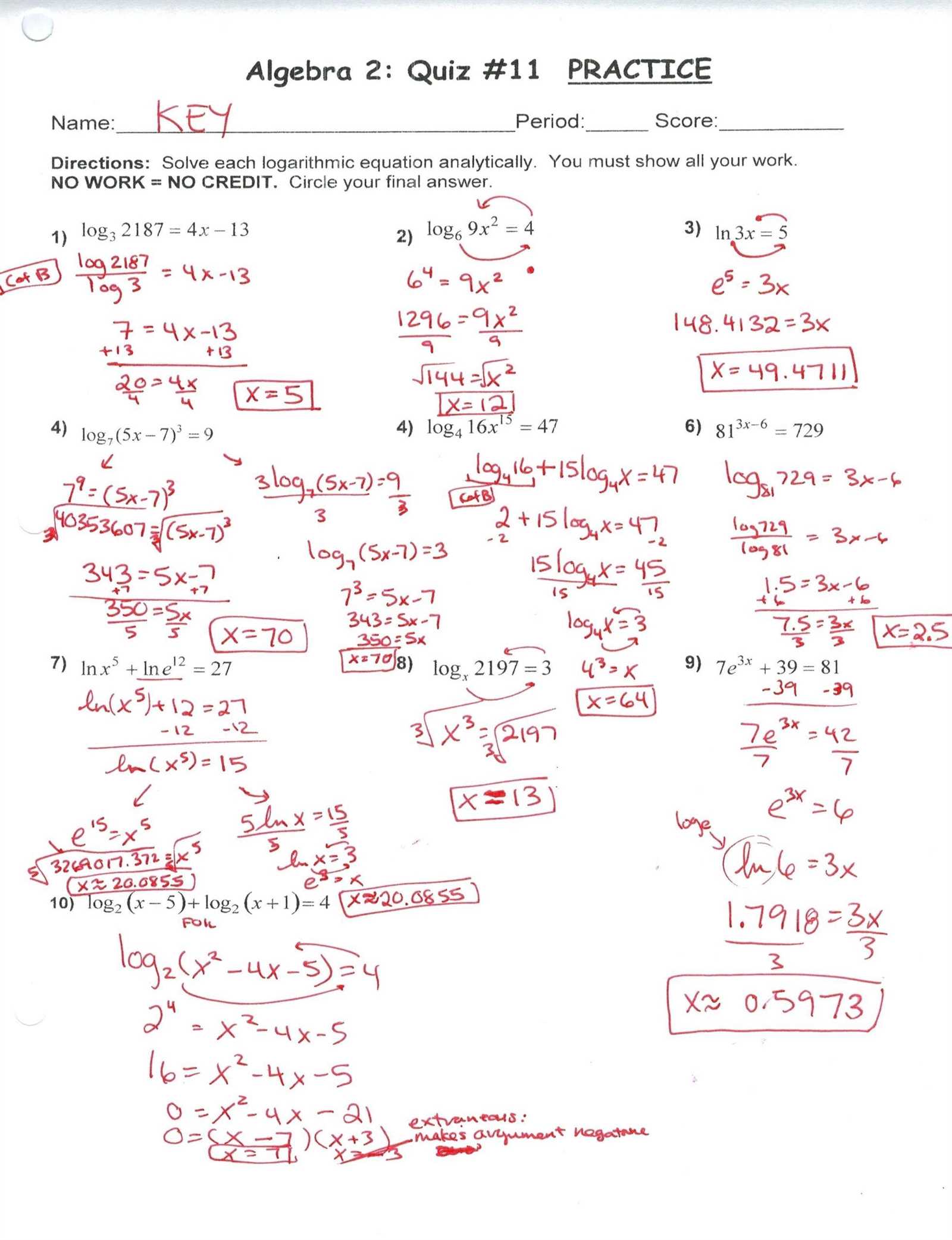 Algebra 2 final exam answer key