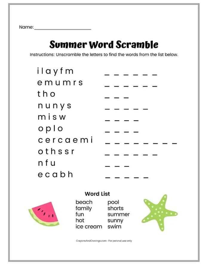 100 summer vacation words answer key