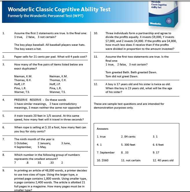 Wonderlic practice test and answers