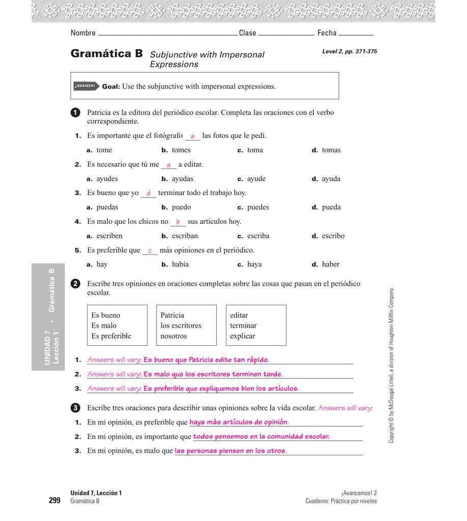 Using the Avancemos 3 Unit 1 Lesson 2 answer key can also be an effective study tool. By comparing your answers to the correct ones provided in the key, you can gain a deeper understanding of the language concepts and grammar rules. This can help solidify your knowledge and boost your confidence in speaking and writing Spanish.