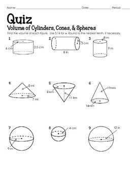 Practice Problems for Volume of Cone Worksheet