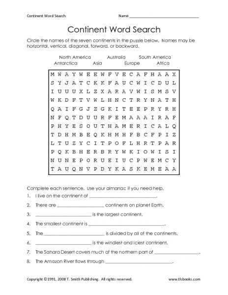 Continents and oceans word search answers