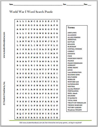 World war 1 wordsearch puzzle answers