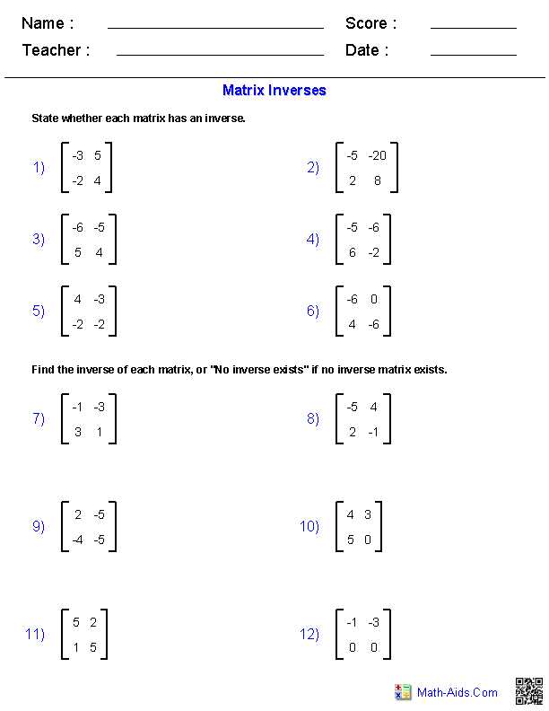 Matrix worksheet with answers pdf