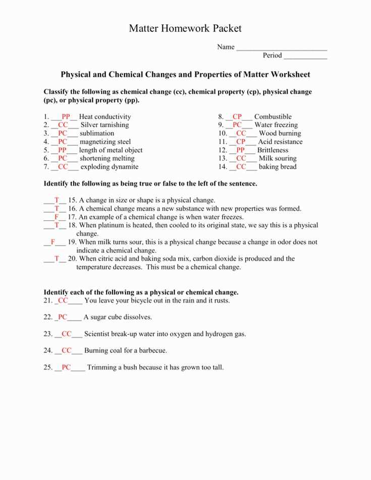 Matter properties and changes answer key