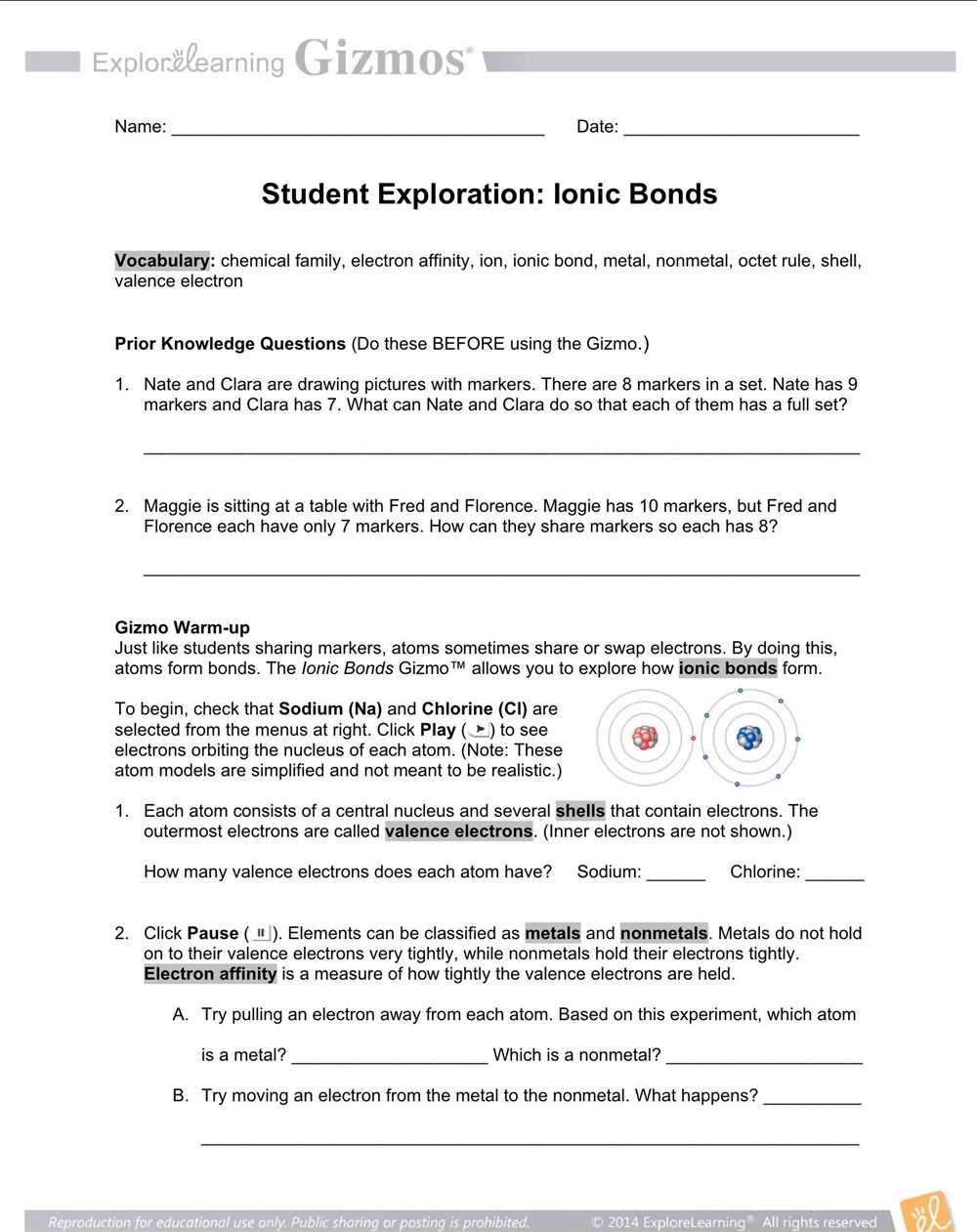 Ionic Bonds Worksheet Answer Key