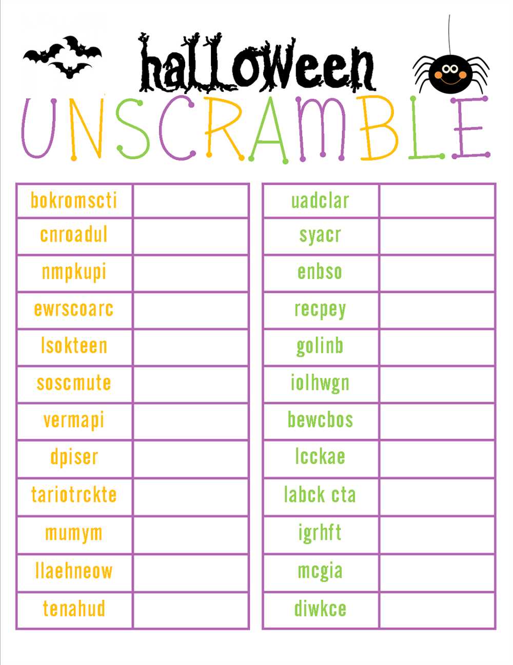 Halloween word scramble answer key