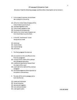 Ap lang 2025 practice exam 1 mcq answers